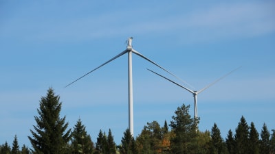 Två vindkraftverk står i skogen. På det främre kraftverket saknas ett rotorblad.