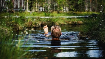 Toimittaja Nicke Aldén selin kameraan uimassa turvelähteessä Nummijärven Kammi-kylässä.