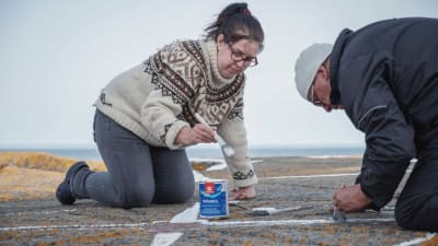 En kvinna i ylletröja och en man i vit mössa och blå jacka målar vädersträck på en klipphäll.