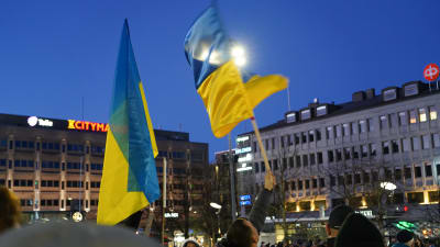 Personer har samlats på Vasa torg för att visa stöd för Ukraina. Flaggor i blått och gult svajar i luften.
