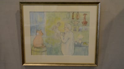 Akvarell av en man och en gris i en ateljé.