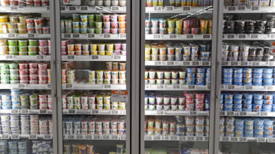 Yoghurtar i ett kylskåp.