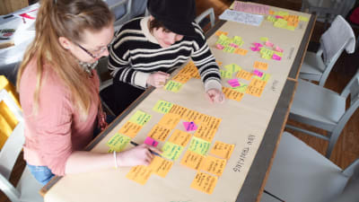 En bild på två personer som läser på en massa post-it lappar