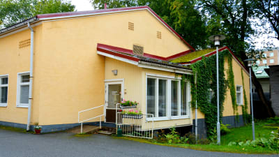 ett hus med gula väggar och fönster och blomrabbat och grön klätterväxt på ena väggen