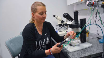 Forskare Annika Meinander jobbar vid ett mikroskop i ett laboratorium. 