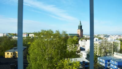 Åbo domkyrka syns i bakgrunden och i förgrunden finns grönskande träd.