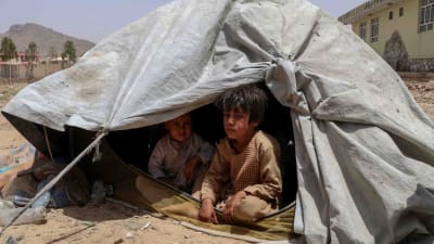 Familjer som flytt från ställen där det pågår strider mellan regeringsstyrkor och talibaner bor i temporära härbärgen i Kandahar.  4.8.2021 