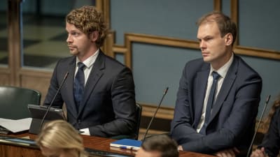 Heikki Vestman och Ville Kaunisto sitter bredvid varandra i riksdagens plenisal.