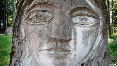 Lähikuva harmaasta patsaasta, jossa kasvot ja suuret silmät, taustalla koivikkoa