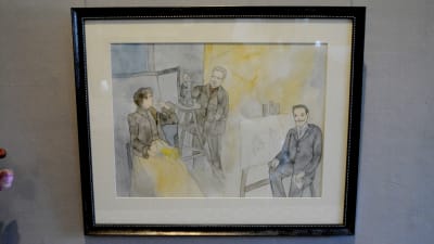 Akvarell med tre personer i en ateljé.