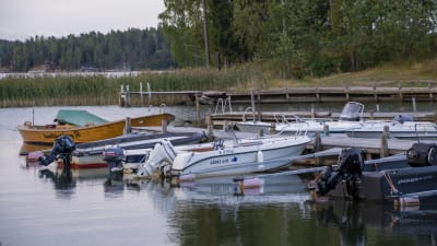 Båtar ligger vid en brygga i en småbåtshamn.