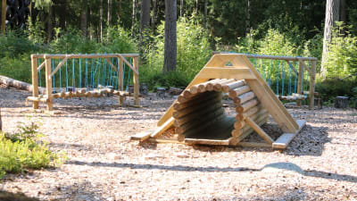 Balanshinder och en tunnel gjorda av trä. 