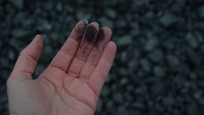 En hand med svarta fingrar av kolet antracit.