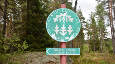 Skylt för forskningsskogen i Solböle i Bromarv.