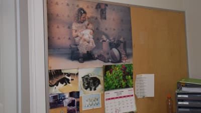 Tandläkarmottagning i Ekenäs. En vägg som är fylld av katt- och hundbilder plus kalender och en söt affisch med barn som leker tandläkare på en docka.