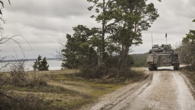 Militärfordon kör på liten sandväg på Gotland.