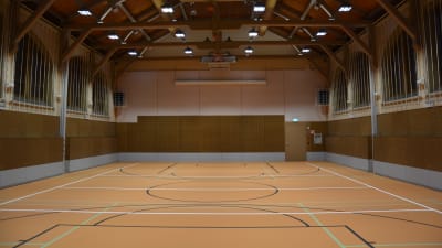 En vy över gymnastiksalen. Längst ner golvet i orangebrunt.