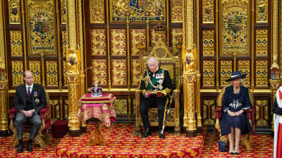 Prinssi William, prinssi Charles ja herttuatar Camilla istumassa parlamentissa.