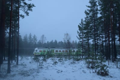 En rälsbuss syns bakom några träd. Marken är täckt av snö.
