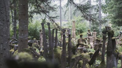 En grupp mossbelupna statyer i jogapositioner inne i en skog. 