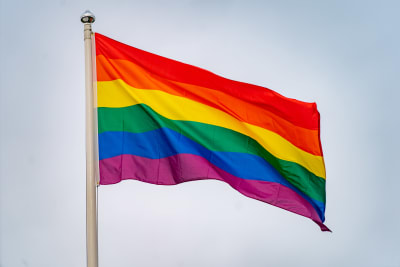 Regnbågsflagga vajar i vinden.