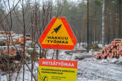 Varningsskylt som varnar om skogsavverkning vid ett skogsområde. 