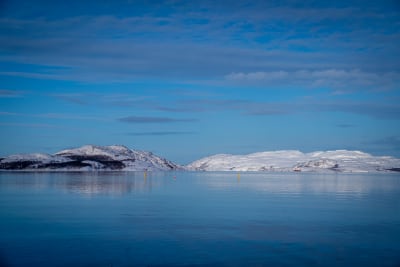 Snötäckta berg i bakgrunden och Kirkenesfjorden syns i förgrunden. En båt åker iväg mot bergen.