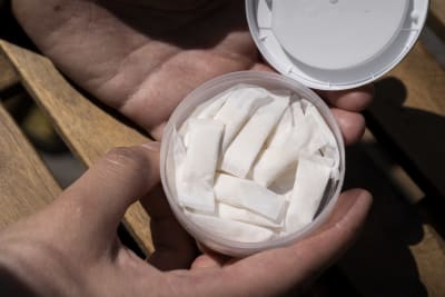 Händer som håller i en öppen förpackning med nikotinpåsar.