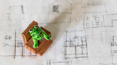 leksaksgroda sitter på små tegelstenar på handritad bostadsriting