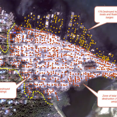 Human Rights Watch -järjestön kautta levitetyssä satelliittikuvassa näkyy noin 14 hehtaarin kokoisella alueella tapahtunut asumusten ja veneiden tuho.