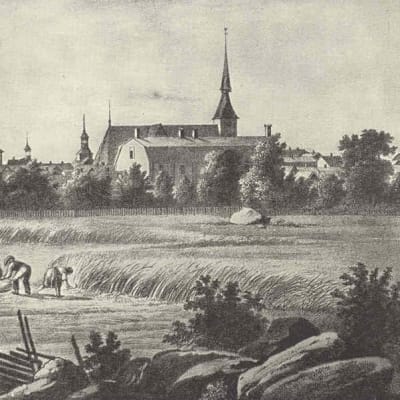 Vy över staden Vasa från nordost, före branden 1852. En litografi av Johan Knutson, 1840-tal.