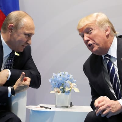 Putin ja Trump nojautuvat toisiaan kohti pöydän yli. Pöydällä on kukkia maljakossa. Trump puhuu, Putin näyttää peukaloa. 