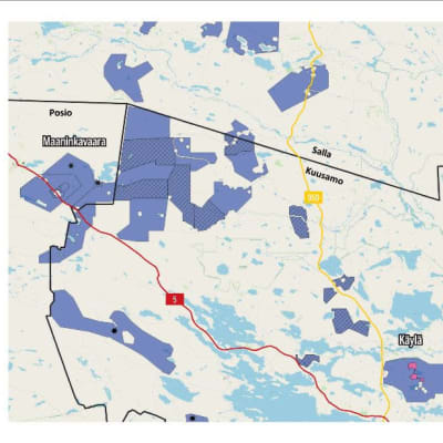 Tukesin 31.10.2022 kuuluttamat Latitude 66 Cobaltin malminetsintälupahakemusalueet sijaitsevat Kuusamon pohjoisosissa.