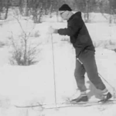 Presidentti Kekkonen hiihtää Lapissa.