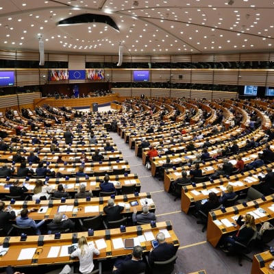 Kuva Euroopan parlamentin istuntosalista, jossa edustajien pöydät levittäytyvät puheenjohtajan korokkeesta. Puheenjohtajan korokkeen yllä on EU:n lippu ja jäsenvaltioiden liput.