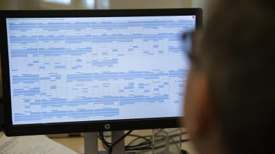Rektor sitter med ett stort excel-schema uppslaget på sin datorskärm. 
