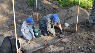 En vuxen och två barn gräver efter arkeologiska fynd i skogen.