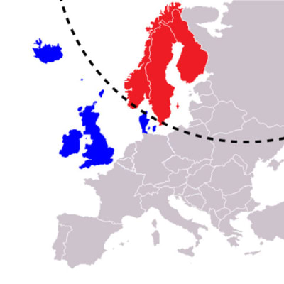 karta som visar norge,sverige och finland i rött och island,storbritanien och danmark i blåttmed en streckad båge som delar färgerna