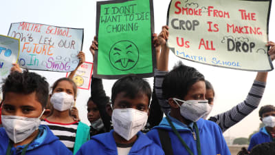 Barn i Indien protesterar mot dålig luft i New Delhi.