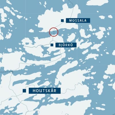 En blågrå karta som visar Mossala, Björkö och Houtskär.