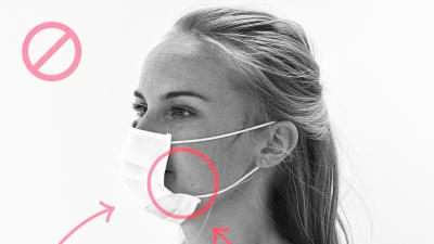 Bild på hur man inte ska bära munskydd. En stor glipa syns mellan kinden och skyddet.