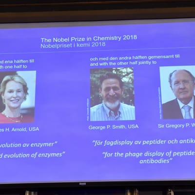 Kuvassa taustakankaalla kemian Nobel-palkittujen kuvat.