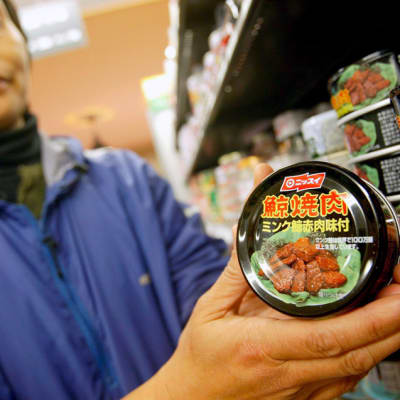 Tölkissä myytävää lahtivalaan lihaa japanilaisessa ruokakaupassa. Kuva on vuodelta 2004.