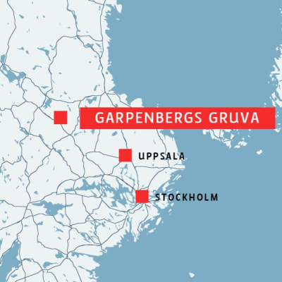 En karta över Sverige där Garpenbergsgruva är utplacerat, samt Uppsala och Stockholm.