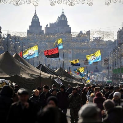Mielenosoittajien telttaleiri Kievissä helmikuussa 2014.