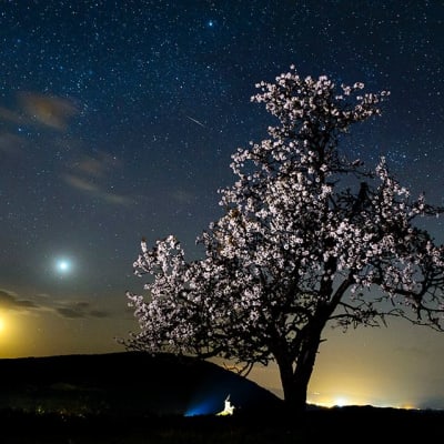 Kuu, Venus ja ilmakehässä palava meteoriitti näkyvät yökuvassa Unkarin taivaalla.