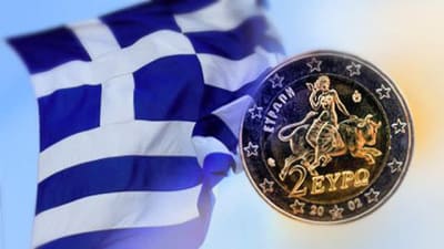 Bildmontage med Grekisk flagga och euromynt