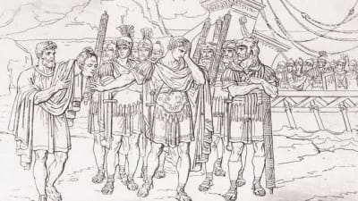 Ptolemaios visar Pompejus huvud för Caesar.