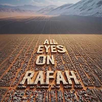 Vita tält bildar texten All Eyes on Rafah i ett AI-genererat tältläger som fortsätter mot snöklädda berg.