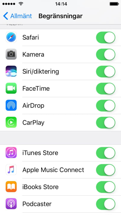 Skärmdump på inställningar för begränsningar i Apple iOS.